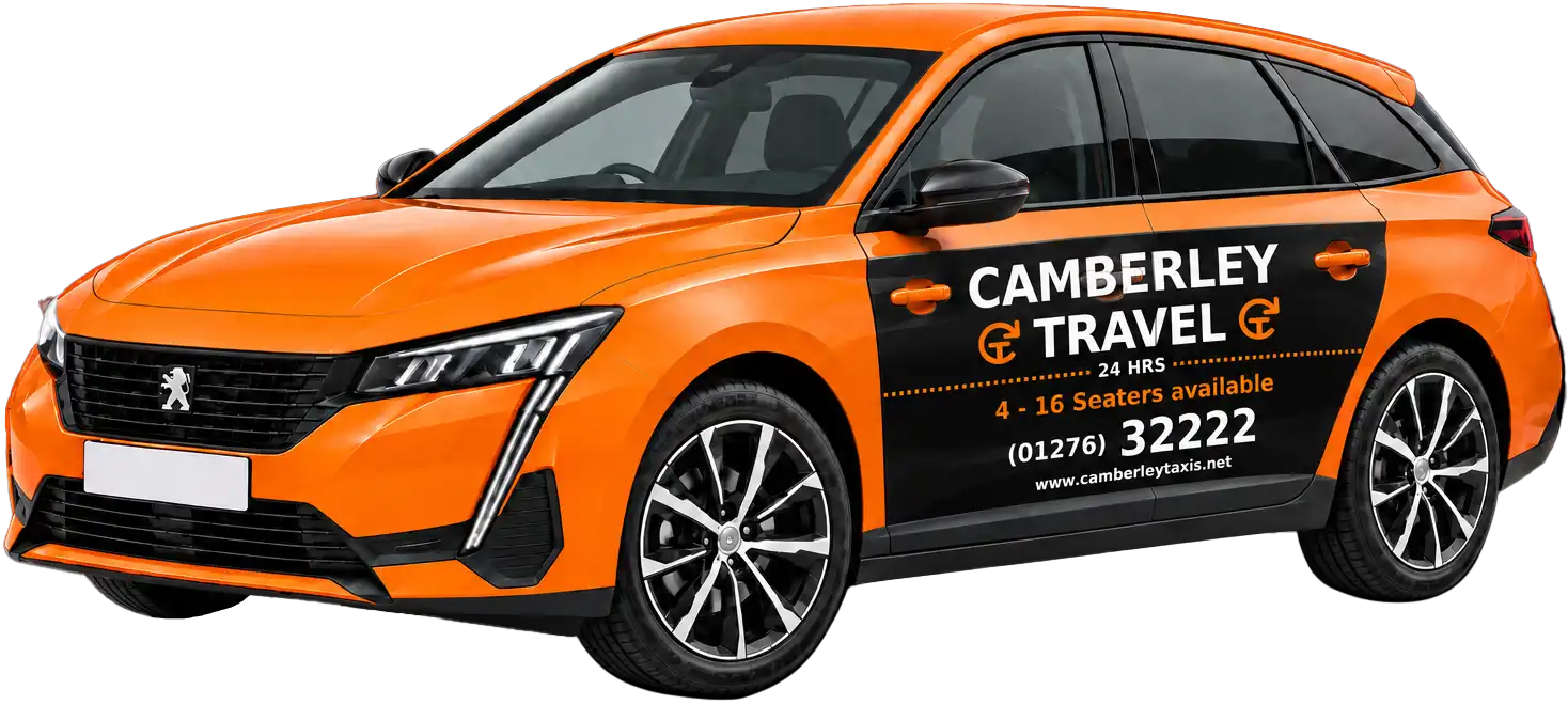 Orange Peugeot estate taxi branded with Camberley Travel, offering 4 to 16-seater travel services.